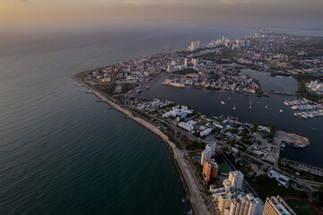 Fototapeta premium Beautiful aerial view of Bocagrande Hotel area in the upmarket area popular for its long, sandy beaches backed by palm-lined promenades0 Cartagena Colombia