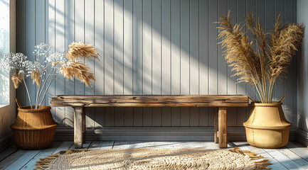 Obraz premium Wooden bench with plants in sunlight A rustic wooden bench is placed between two decorative plants, with sunlight streaming through a window, creating a warm atmosphere.