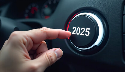 Finger is about to press the ignition button of the car with the text 2024 start.