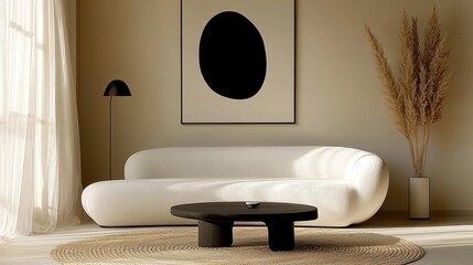 Minimalist living room, curved white sofa, black round coffee table, abstract black shape artwork, beige walls, sisal rug, black table lamp, dried pampas grass, window with sheer curtains, monochromat
