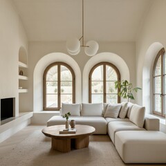 Bright modern living room, arched windows, white walls, built-in fireplace, large white sectional sofa, round wooden coffee table, pendant light fixture, indoor plant, minimalist decor, natural light,