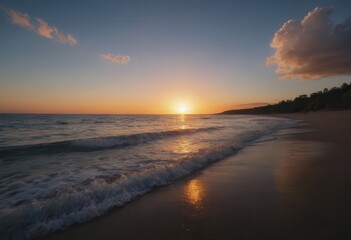 Fototapeta premium The sun sets over the ocean, its rays reflecting in calm water