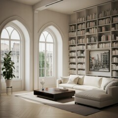 Bright minimalist living room, floor-to-ceiling bookshelves, white walls, large arched windows, natural light, hardwood floors, modern white sofa, low coffee table, urban cityscape artwork, potted pla