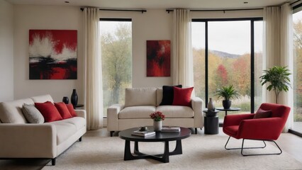 Fototapeta premium modern living room, large windows, forest view, fireplace, red and white abstract art, white sofa, red cushions, coffee table, ottomans, minimalist decor, natural light, cozy interior, contemporary de