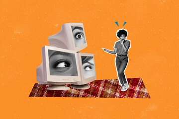 Composite photo collage of astonished american girl point pc monitor eyeball cyberattack hacked...