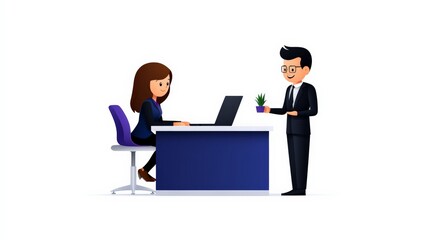 Obraz premium Business Deal Closed: Cartoon Illustration of a successful business transaction. A businessman presents a potted money tree to a businesswoman at her desk. 