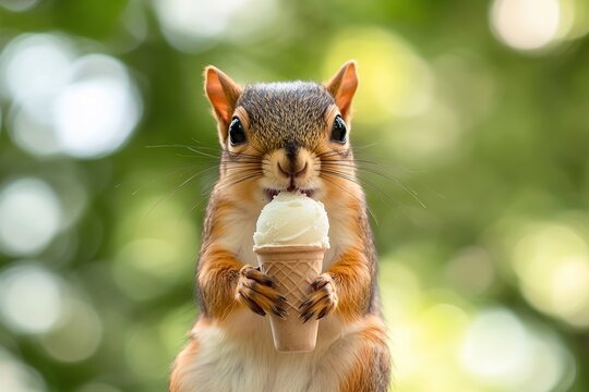 Funny squirrel with ice cream on blurred green background