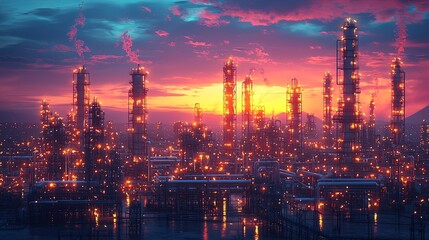 Fototapeta premium Vibrant industrial skyline with glowing lights at sunset