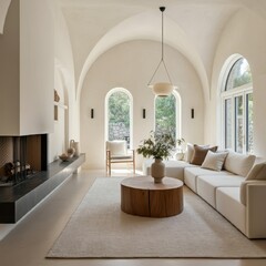 Bright modern living room, arched windows, white walls, built-in fireplace, large white sectional sofa, round wooden coffee table, pendant light fixture, indoor plant, minimalist decor, natural light,
