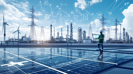 Obraz premium Asian engineer working in futuristic smart city industrial landscape