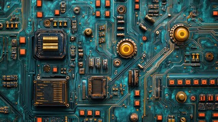 Vintage Teal Circuit Board with Metallic Components and Complex Electronic Patterns