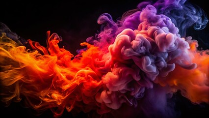 Vivid smoke artistry blends red, purple, and orange against a black background, creating stunning visual compositions that captivate the viewer's