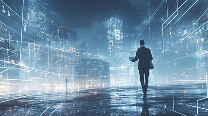 Obraz premium Futuristic businessman exploring digital cityscape with technology overlay