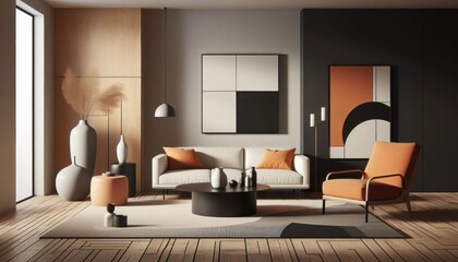 Modern minimalist living room, abstract art, warm color palette, orange armchair, white sofa, black coffee table, geometric shapes, natural light, wooden floor, textured rug, sleek floor lamp, ceramic