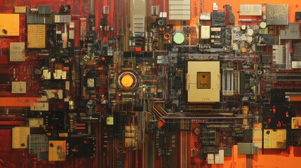 Industrial Red and Gold Circuit Grid with Intricate Electronic Components and Futuristic Design