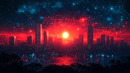 Fototapeta premium Futuristic city skyline with digital effects during vibrant sunset