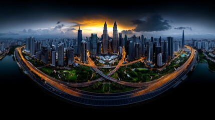 Obraz premium Kuala Lumpur Skyline at Dawn: A panoramic view of Kuala Lumpur's iconic skyscrapers bathed in the warm glow of sunrise. The city's bustling energy is captured in the vibrant streets below.