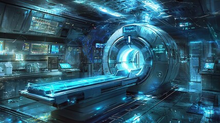 A futuristic medical facility featuring advanced technology, glowing elements, and a central scanning chamber illuminated in blue tones.
