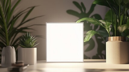Minimalist indoor setup featuring square light and houseplants on a wooden table in a cozy, well-lit environment