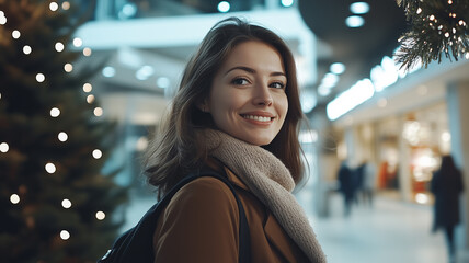 Obraz premium attractive smiling woman doing Christmas shopping in mall, happy holiday mood, discount sale