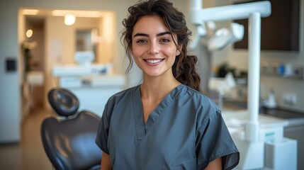 Young female dentist in scrubs smiling confidently in a modern dental clinic during daylight hours