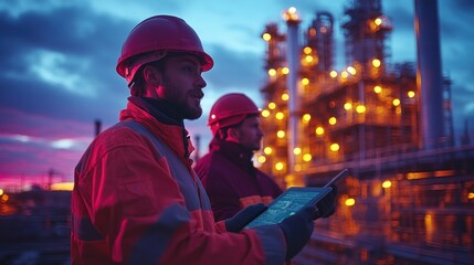 Two workers in helmets using a tablet at a brightly lit industrial site during sunset.