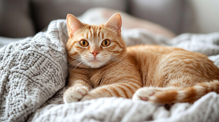 Cute Ginger Cat Relaxing on Blanket  Cozy Home Pet  Domestic Animal