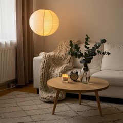 Cozy living room interior, white comfortable sofa, chunky knit throw blanket, wooden round coffee table, spherical paper lamp, warm ambient lighting, decorative eucalyptus in vase, scented candle, vin