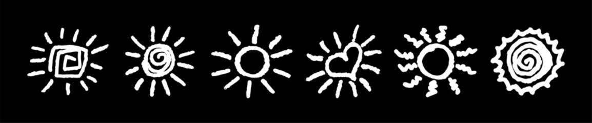 Set of fun like kid drawing white sun. Collection painted with pastel crayons or wax pencil sunny icons. Summer sky symbols. Rough chalk texture vector illustration in children style. Design elements