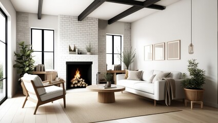Fototapeta premium Cozy modern living room, minimalist Scandinavian design, white brick walls, large windows, natural light, fireplace with stacked firewood, comfortable white sofa, wooden armchair, round wooden coffee 