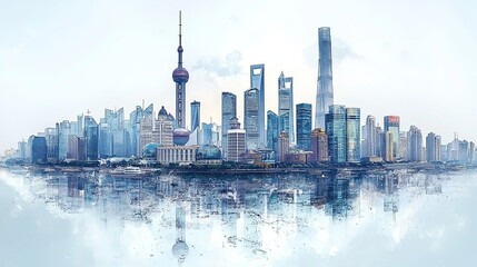 Obraz premium Modern Shanghai skyline reflection showcasing urban architecture and innovation