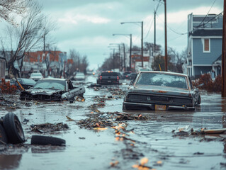 Devastating aftermath of flooding: abandoned cars in a submerged neighborhood after the storm
