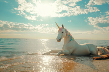 A majestic unicorn relaxes on a sunny beach.