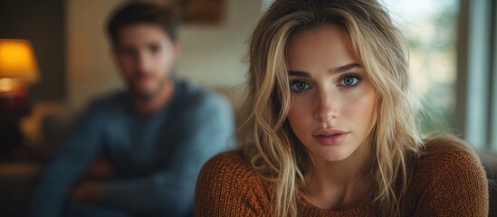 Young woman with blue eyes looking directly at the camera while a man sits out of focus in the background.