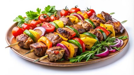 Fresh Kebabs with Colorful Vegetables on Plate