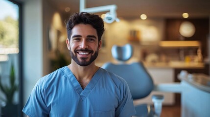 Fototapeta premium Smiling male dentist in scrubs in a modern dental office during the day