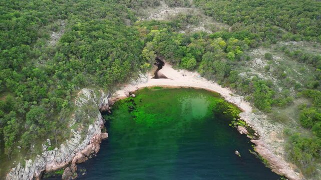 Aerial view over a small bay with a wild beach, located in the forest, Paraskeva Bay, Bulgaria