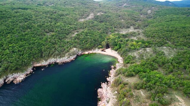 Aerial view over a small bay with a wild beach, located in the forest, Paraskeva Bay, Bulgaria