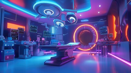 A futuristic, neon-lit room featuring advanced technology, a central operating table, and a circular portal, creating a sci-fi ambience.