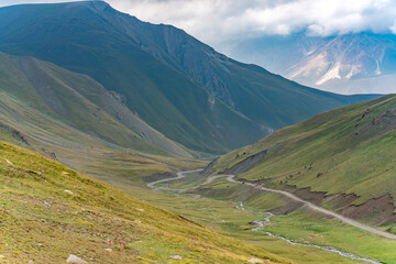 Colorful top view of a dangerous serpentine mountain road. A herd of cattle came out onto the road from the pasture. Traces of landslides and rockfalls are visible on the mountain slopes.