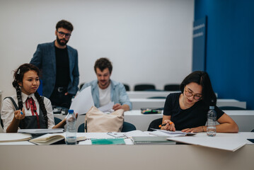 A group of students attentively participating in a classroom lecture. The scene captures the collaborative and focused atmosphere of a learning environment.