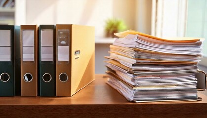 Nahaufnahme von Aktenordnern auf einem Schreibtisch, vor denen sich Papierunterlagen stapeln. Bürokratie.