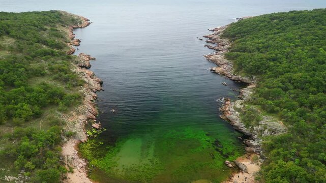 Aerial view over a small bay with a wild beach, located in the forest, Paraskeva Bay, Bulgaria