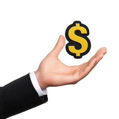 A hand holds a dollar sign symbolizing finance and investment opportunities, isolated on a white background. isolated on transparent background.