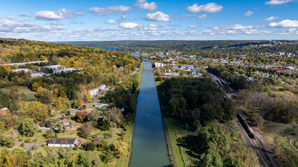 Late afternoon aerial autumn image of the area surrounding the City of Ithaca, NY, USA  10-12-2024
