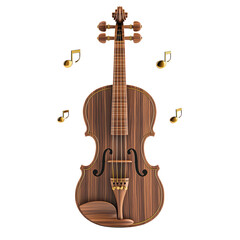 Fototapeta premium A wooden violin with musical notes surrounding it, isolated on a white background. isolated on transparent background.
