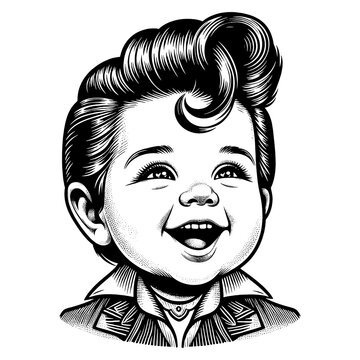 recommend clip art: smiling baby with a retro pompadour hairstyle, vintage vibe and classic charm sketch engraving generative ai fictional character PNG illustration. Scratch board imitation. Black and white image.