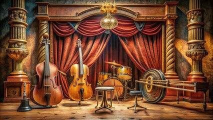 Fototapeta premium Generative AI Depiction of a Vintage Theater Stage with Musical Instruments in Rule of Thirds Composition