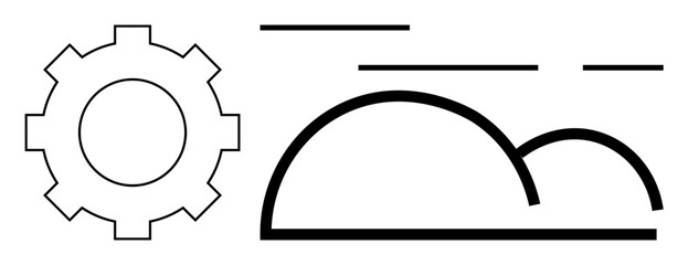 A minimalist design featuring a gear on the left and a cloud with horizontal lines symbolizing movement to the right. Ideal for technology, engineering, weather, web design, and modern art themes