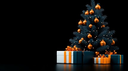 Midnight Christmas: Dark Christmas tree with orange ornaments and teal presents on a black background. Elegant and mysterious Christmas mood.